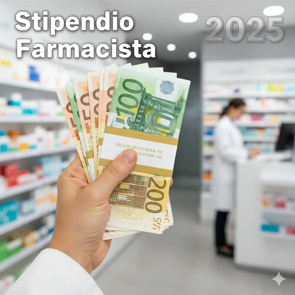 Stipendio farmacista 2025: mano che tiene banconote da 100, 50 e 20 euro in farmacia italiana con scaffali di medicinali sullo sfondo