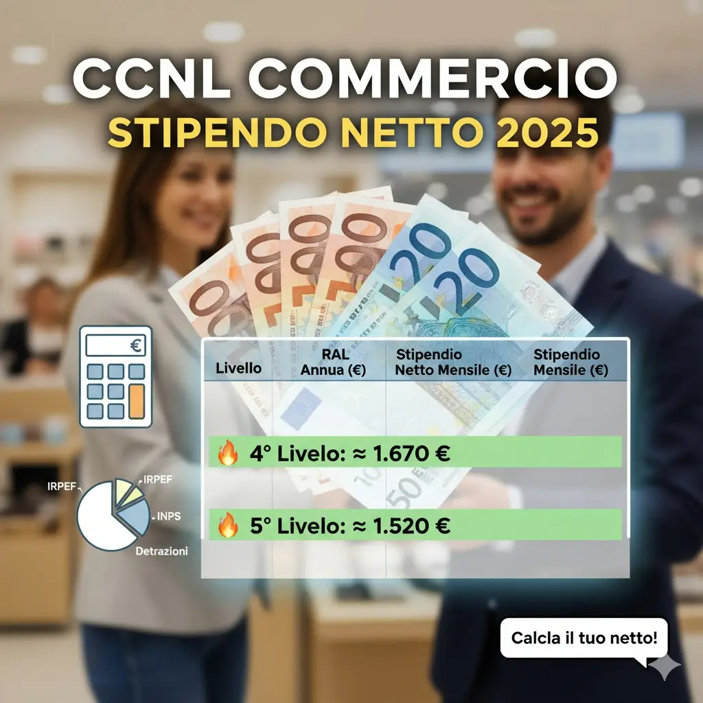 Stipendio netto CCNL Commercio 2025: thumbnail con tabella 4° livello (€1.670) e 5° livello (€1.520), calcolatrice, soldi e grafici IRPEF/INPS.