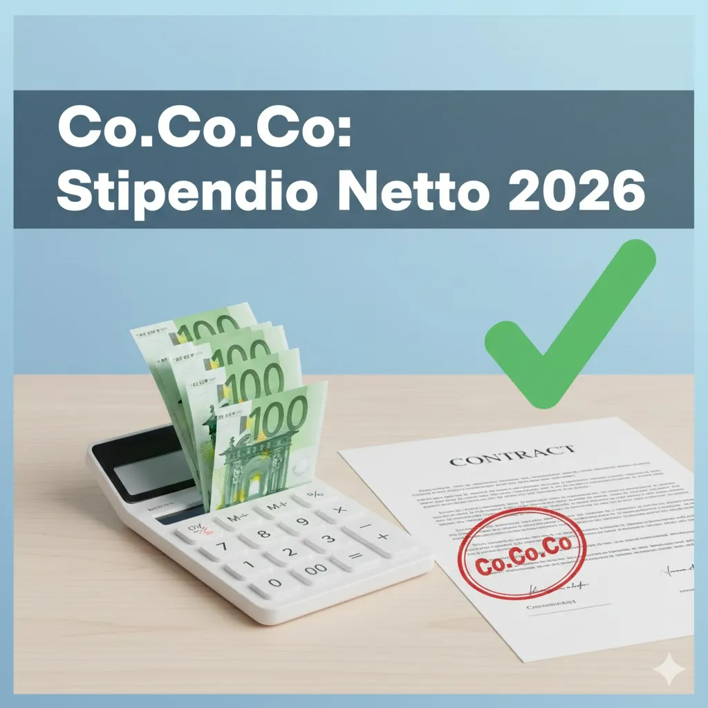 Thumbnail guida contratto CoCoCo 2026: calcolo stipendio netto con contributi INPS e IRPEF