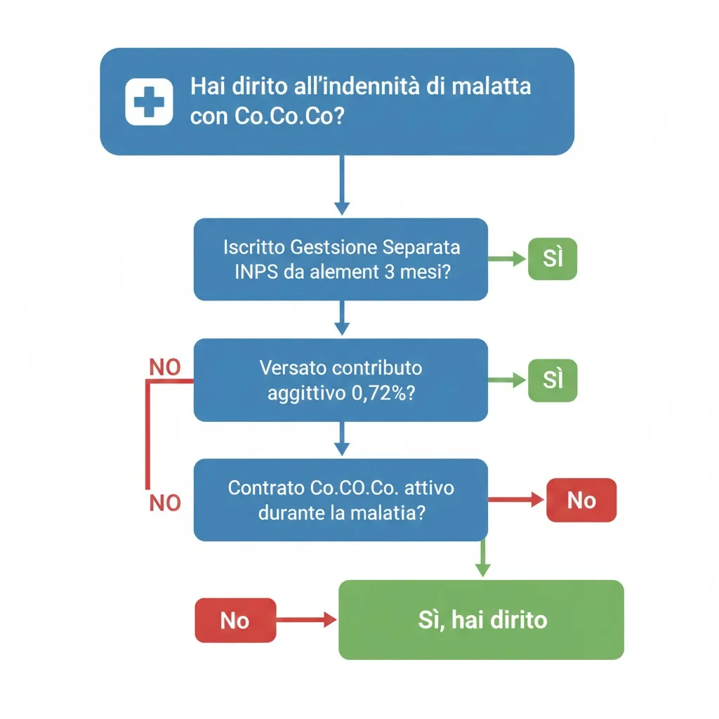 Flowchart requisiti per ottenere l'indennità di malattia con contratto Co.Co.Co: iscrizione Gestione Separata, contributo 0,72% e contratto attivo
